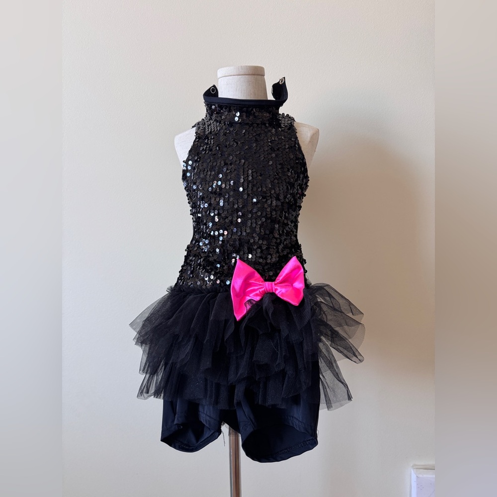 New Weissman Black Sequin Tutu Dress with Hot Pink Bow